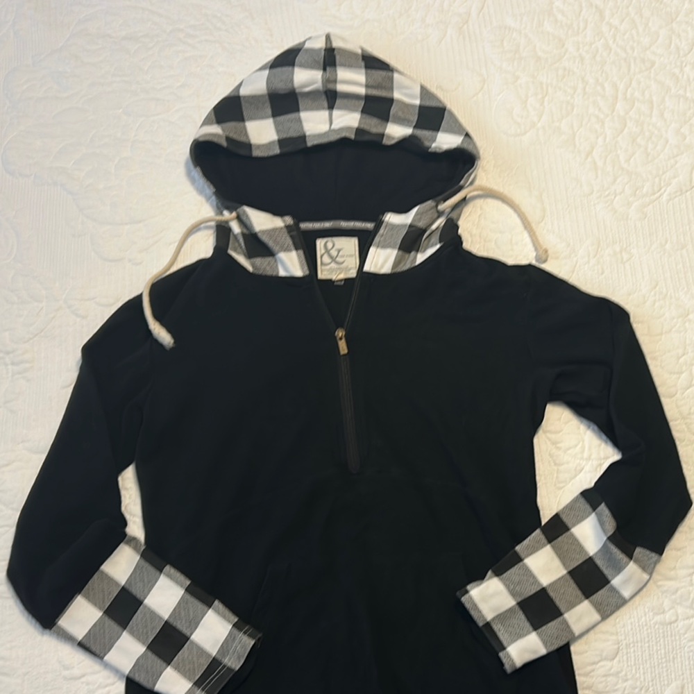 Ampersand Ave. (Mindy Mae’s Market) Black Hoodie with Festive Plaid Details